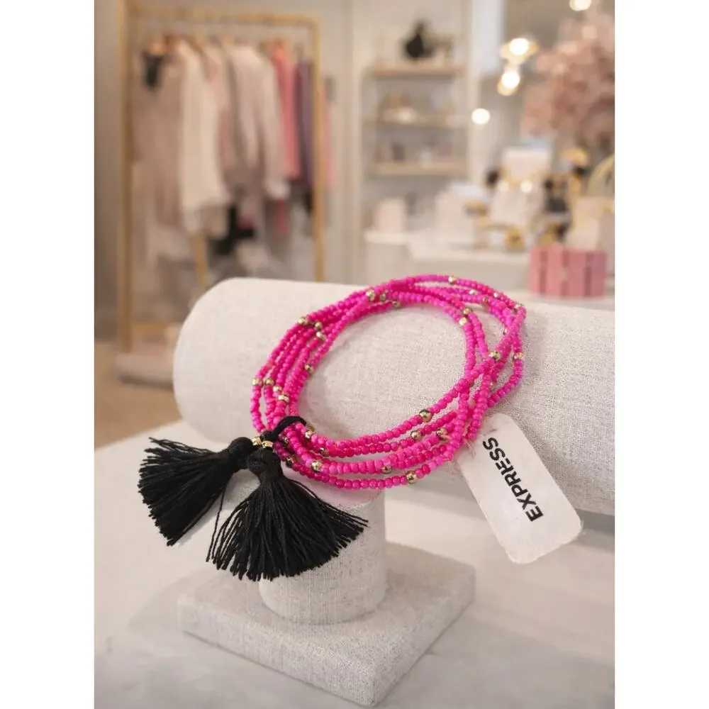 Express Pink Beaded Stretch Tassle Bracelet Set New